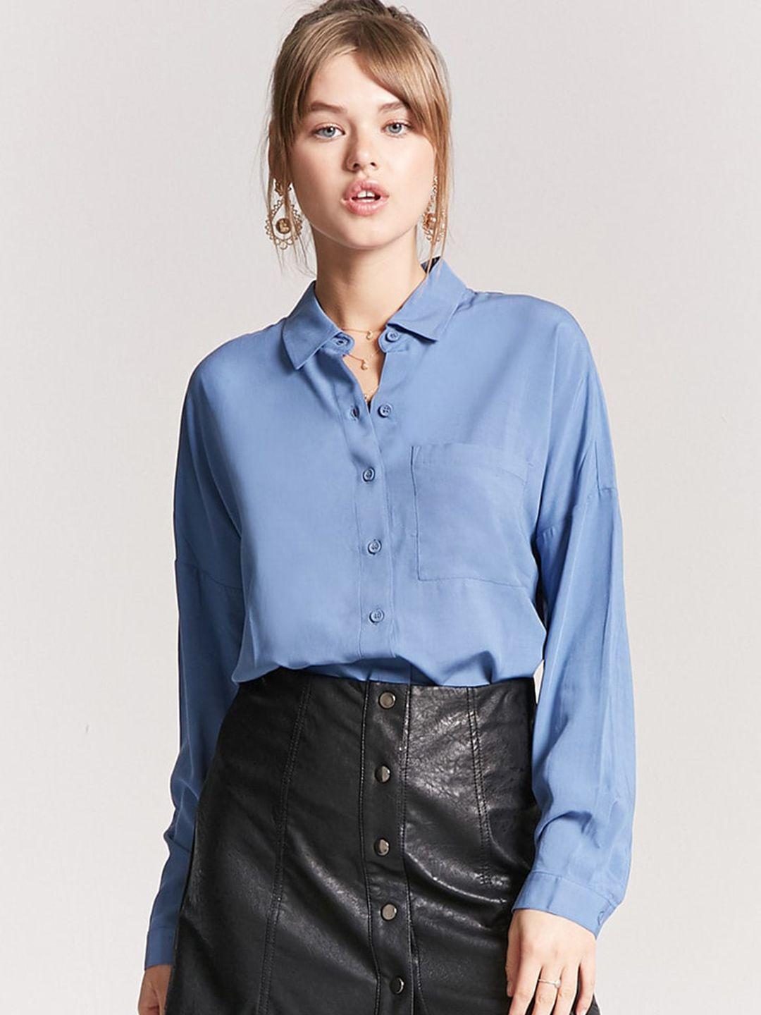 forever 21 women blue regular fit solid casual shirt