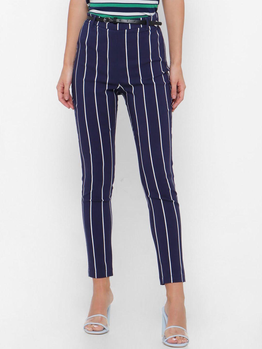 forever 21 women blue regular fit striped regular trousers