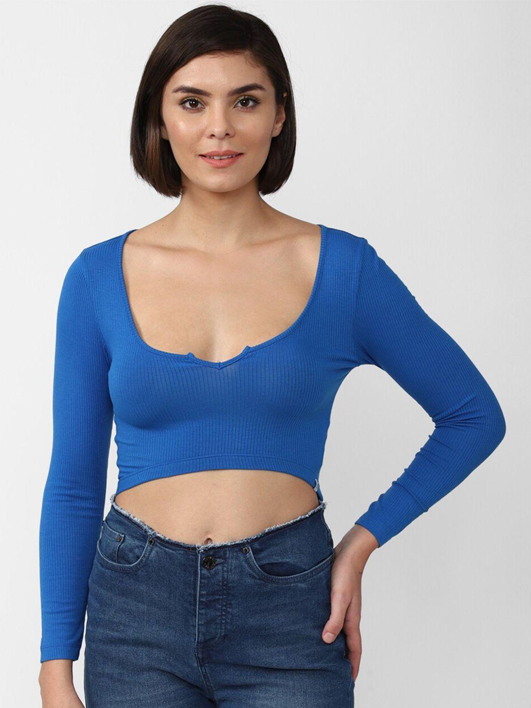 forever 21 women blue solid scoop neck crop top