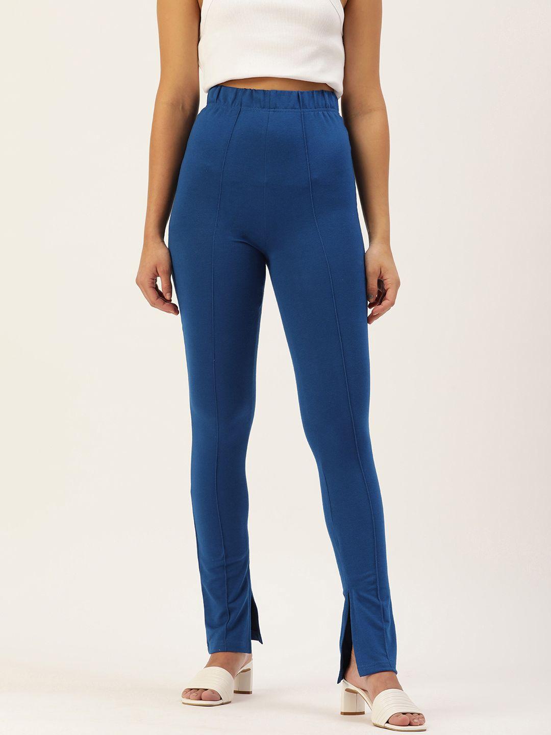 forever 21 women blue solid skinny fit regular trousers with hem slits
