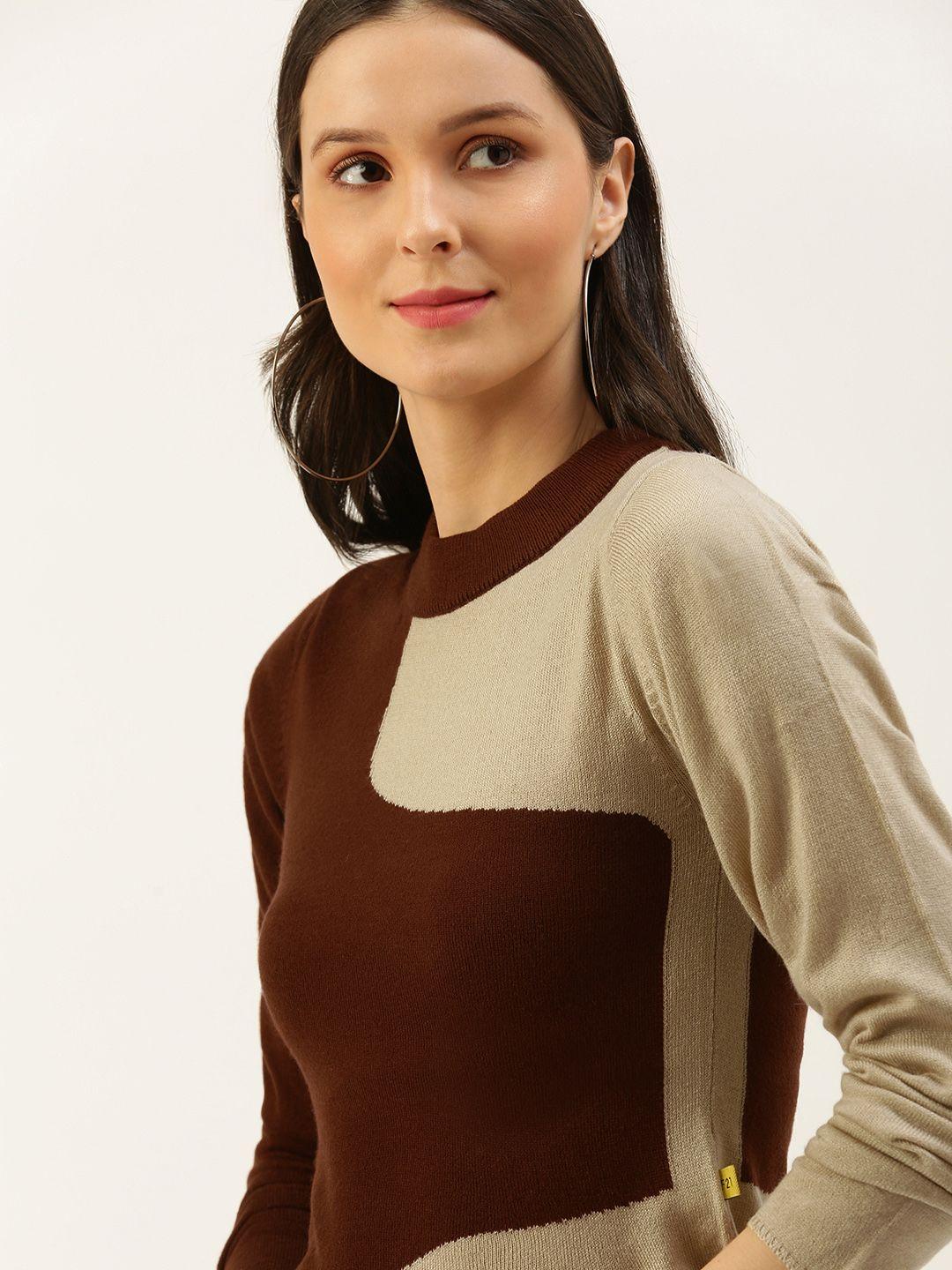 forever 21 women brown & beige colourblocked pullover