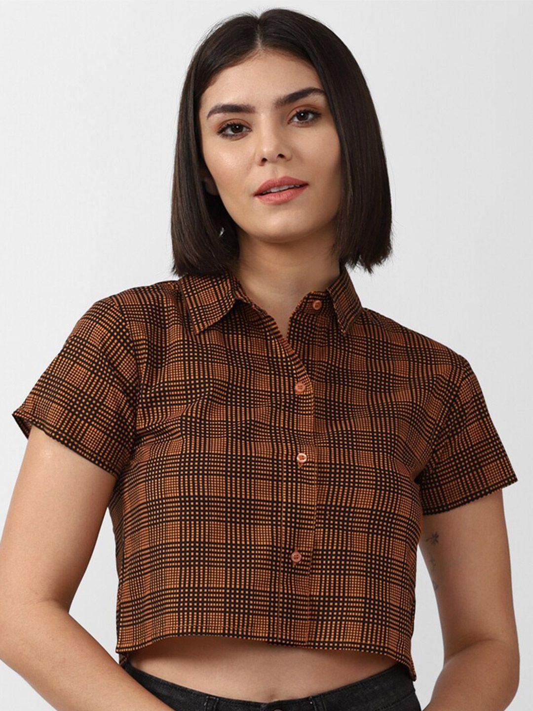 forever 21 women brown tartan checked pure cotton crop casual shirt