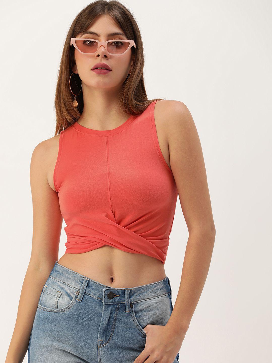 forever 21 women coral pink solid wrap crop top