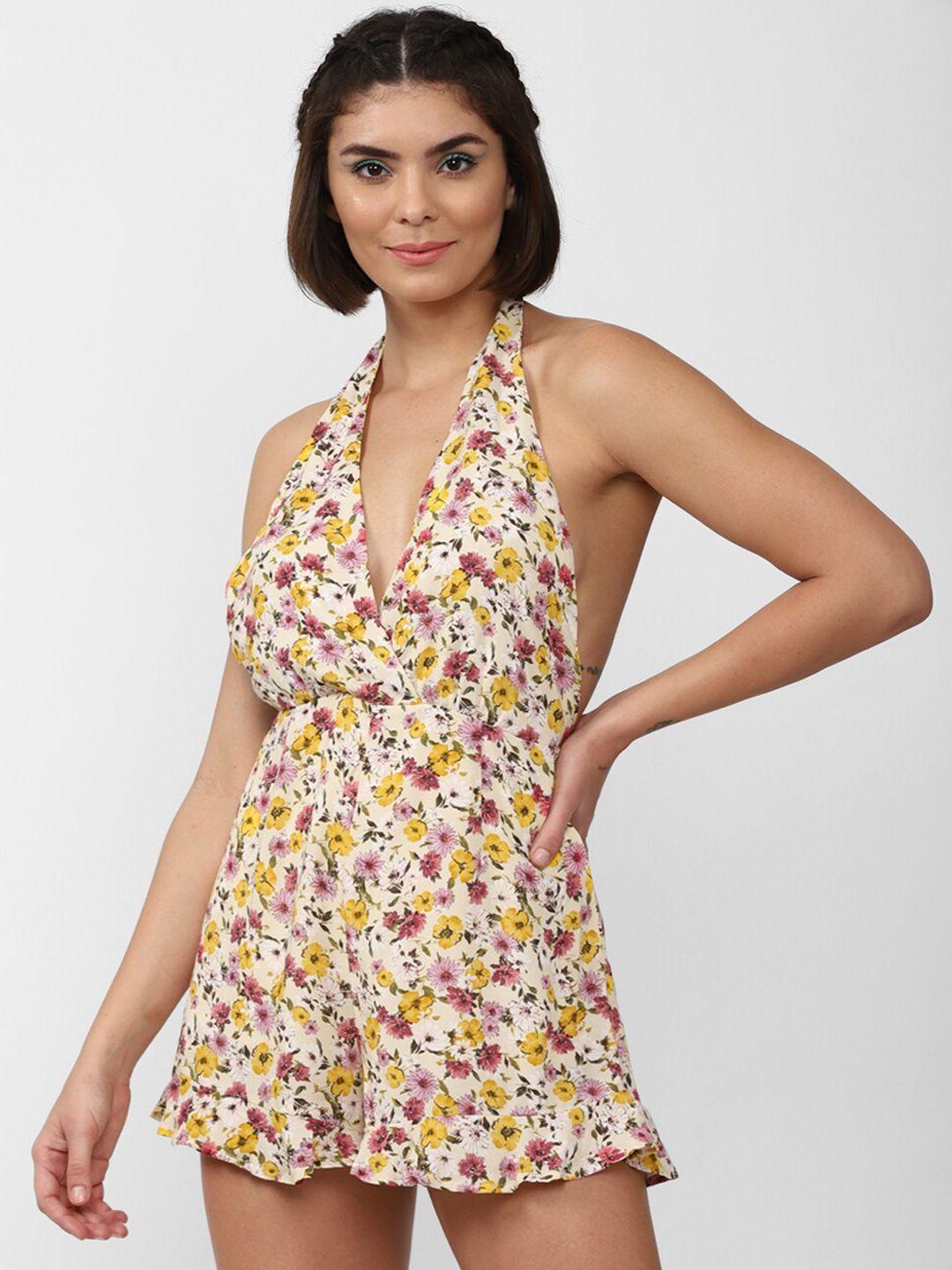 forever 21 women cream-coloured & yellow halter neck printed play jumpsuit