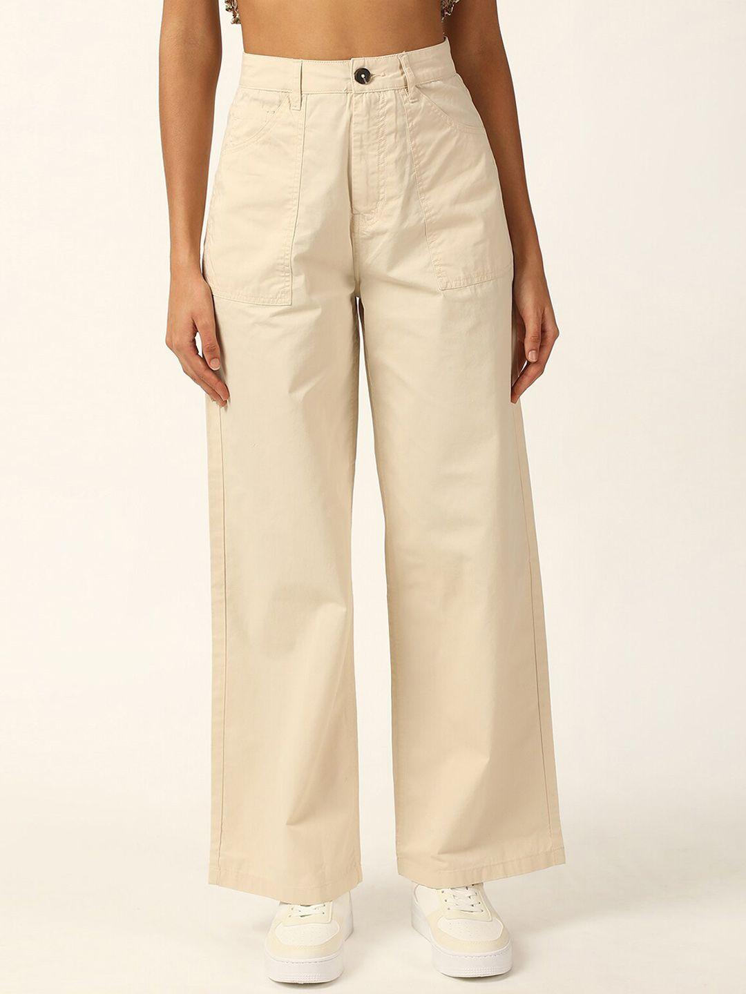 forever 21 women cream-coloured mid rise pure cotton parallel trousers