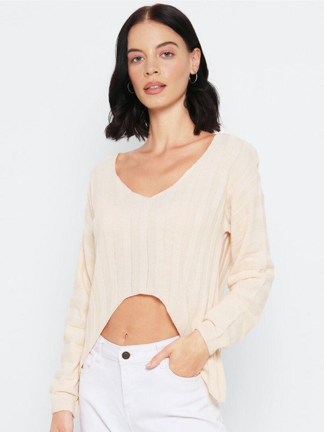 forever 21 women cream-coloured ribbed pullover sweater