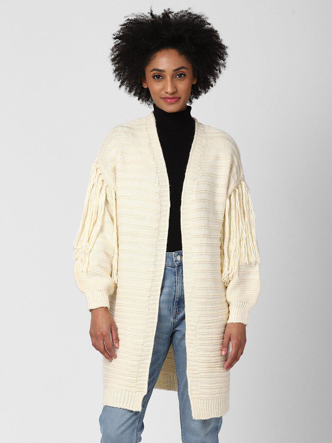 forever 21 women cream-coloured with fringed detail textured regular sweater