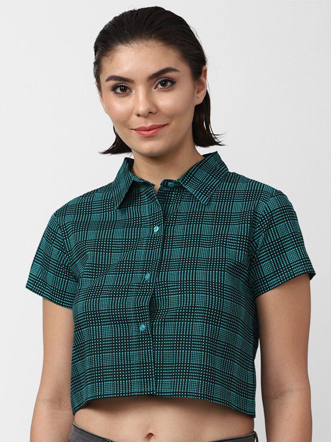 forever 21 women green & black checked shirt style pure cotton crop top