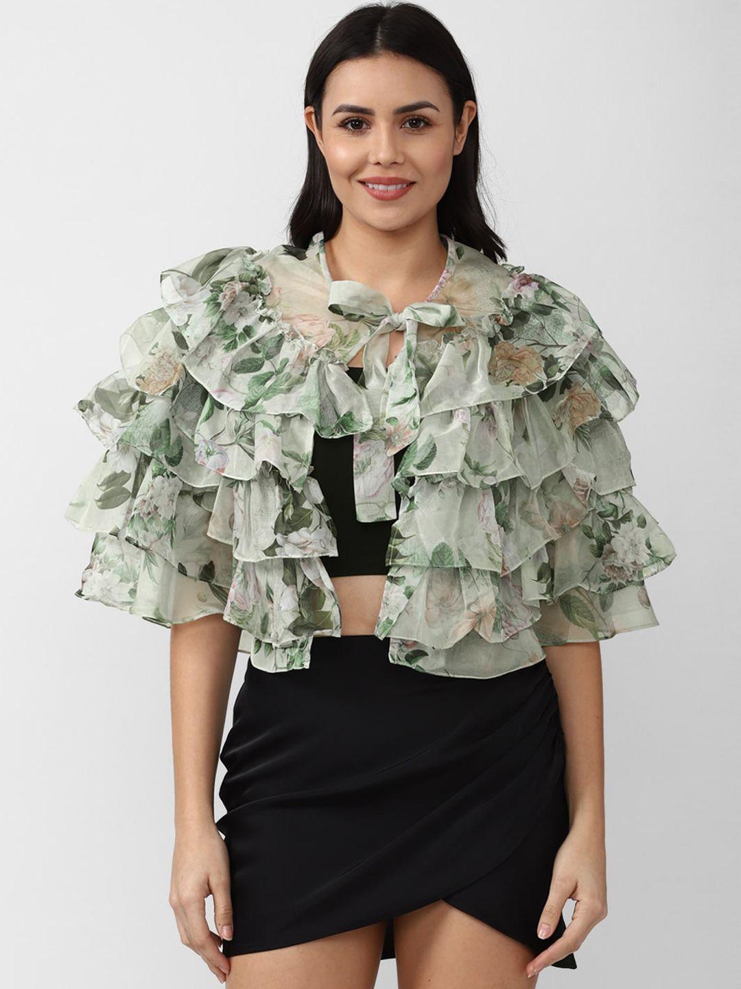 forever 21 women green floral ruffled crop poncho jacket