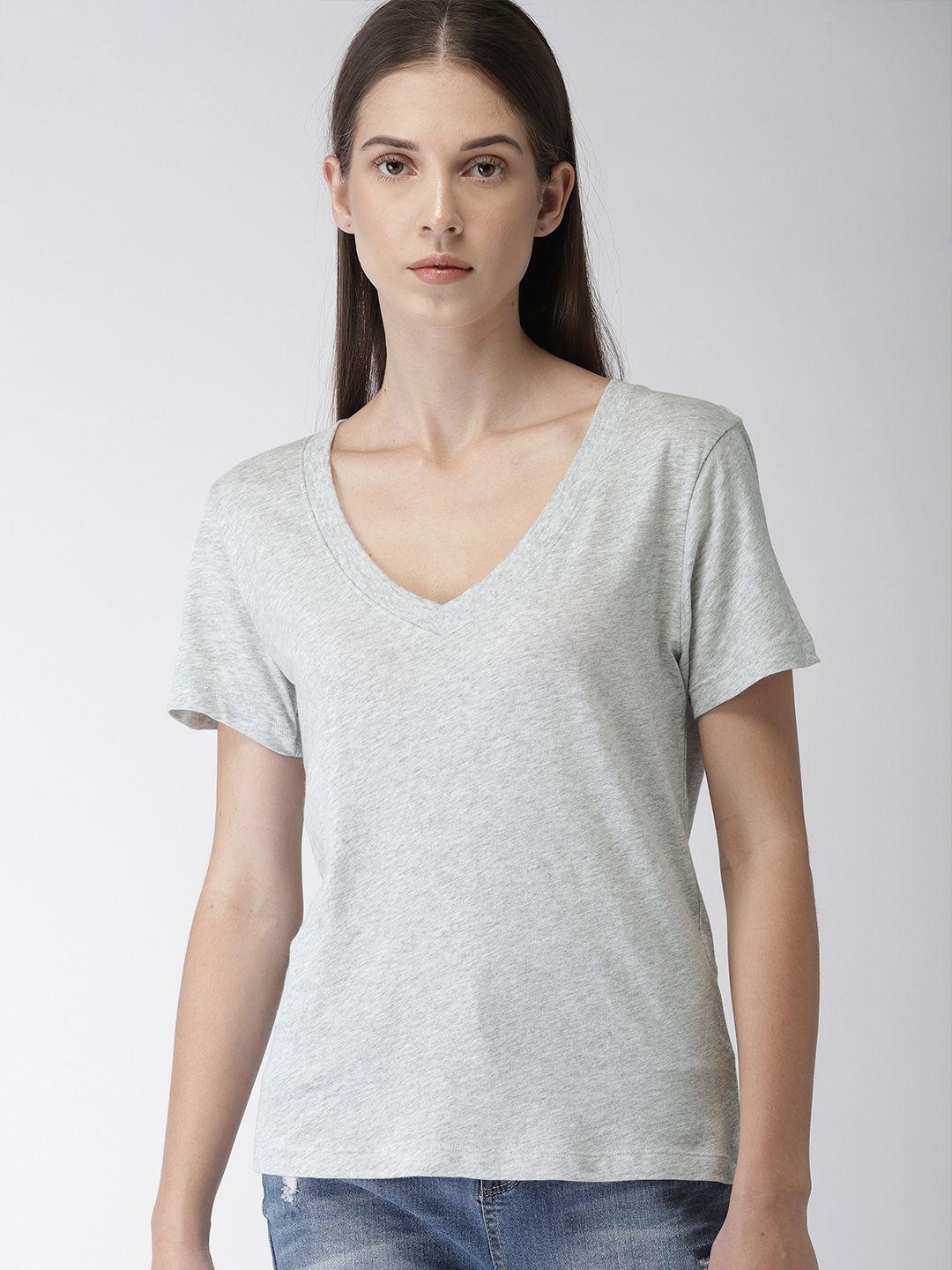 forever 21 women grey melange solid v-neck t-shirt