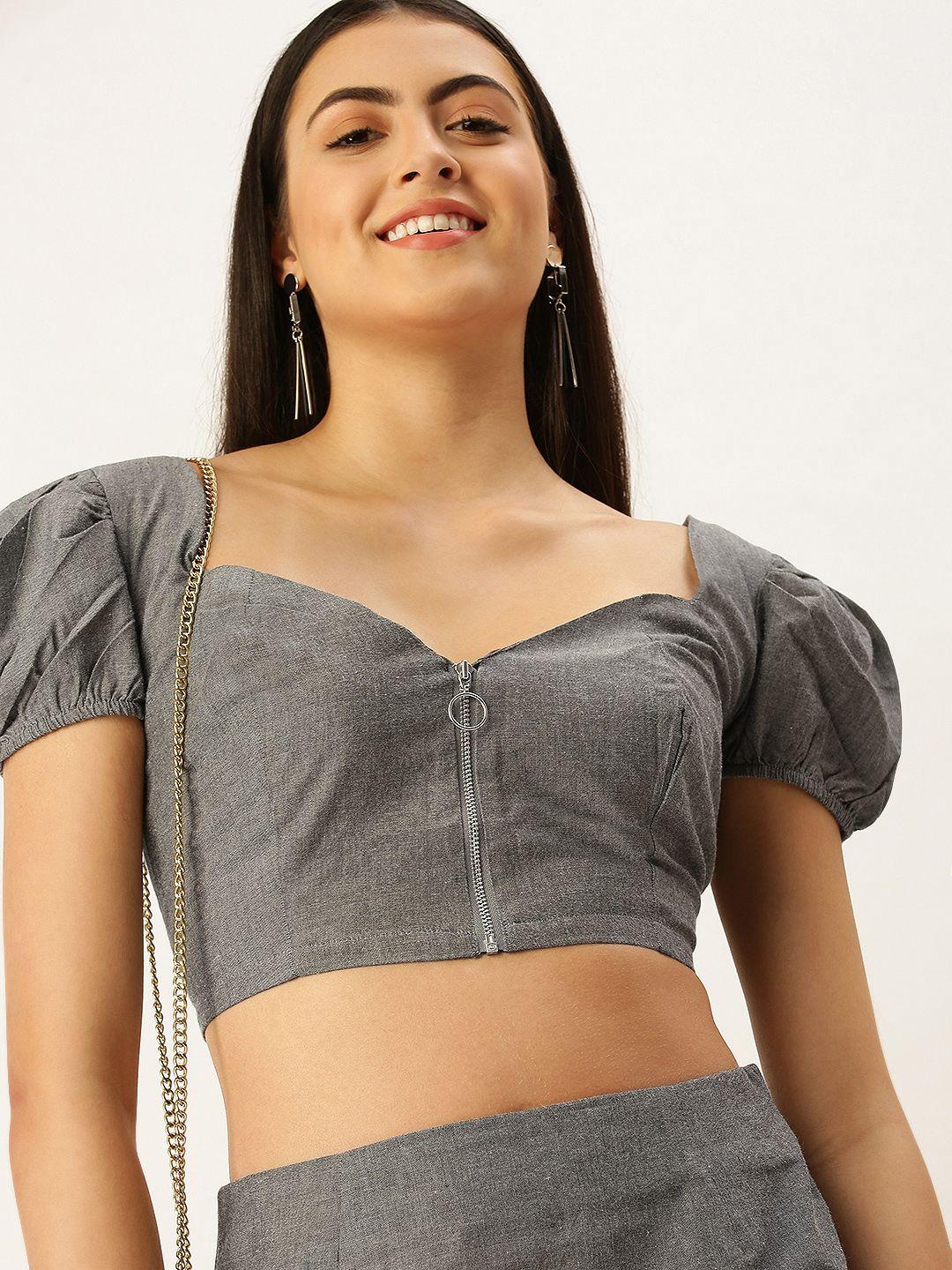 forever 21 women grey pure cotton crop top & mini skirt co-ords