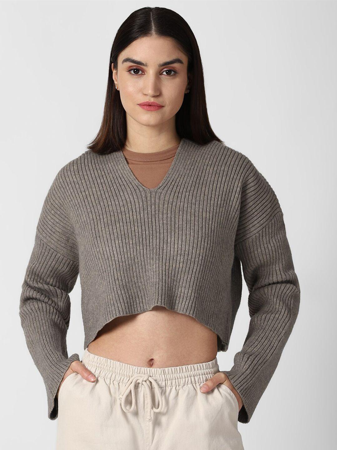 forever 21 women grey ribbed hooded crop pullover