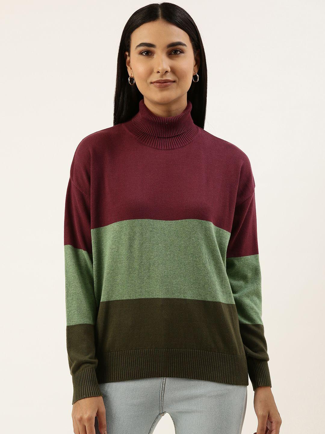 forever 21 women maroon & green colourblocked colourblocked pullover