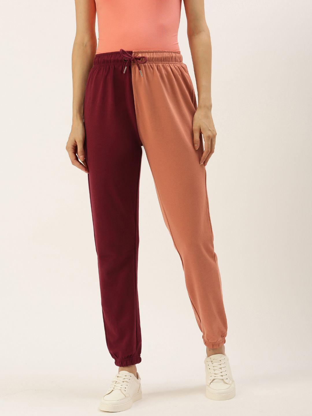 forever 21 women maroon & mauve colourblocked regular fit joggers