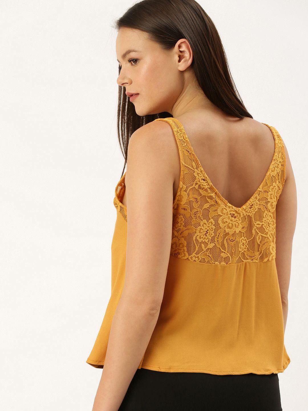 forever 21 women mustard yellow solid lace inserted top