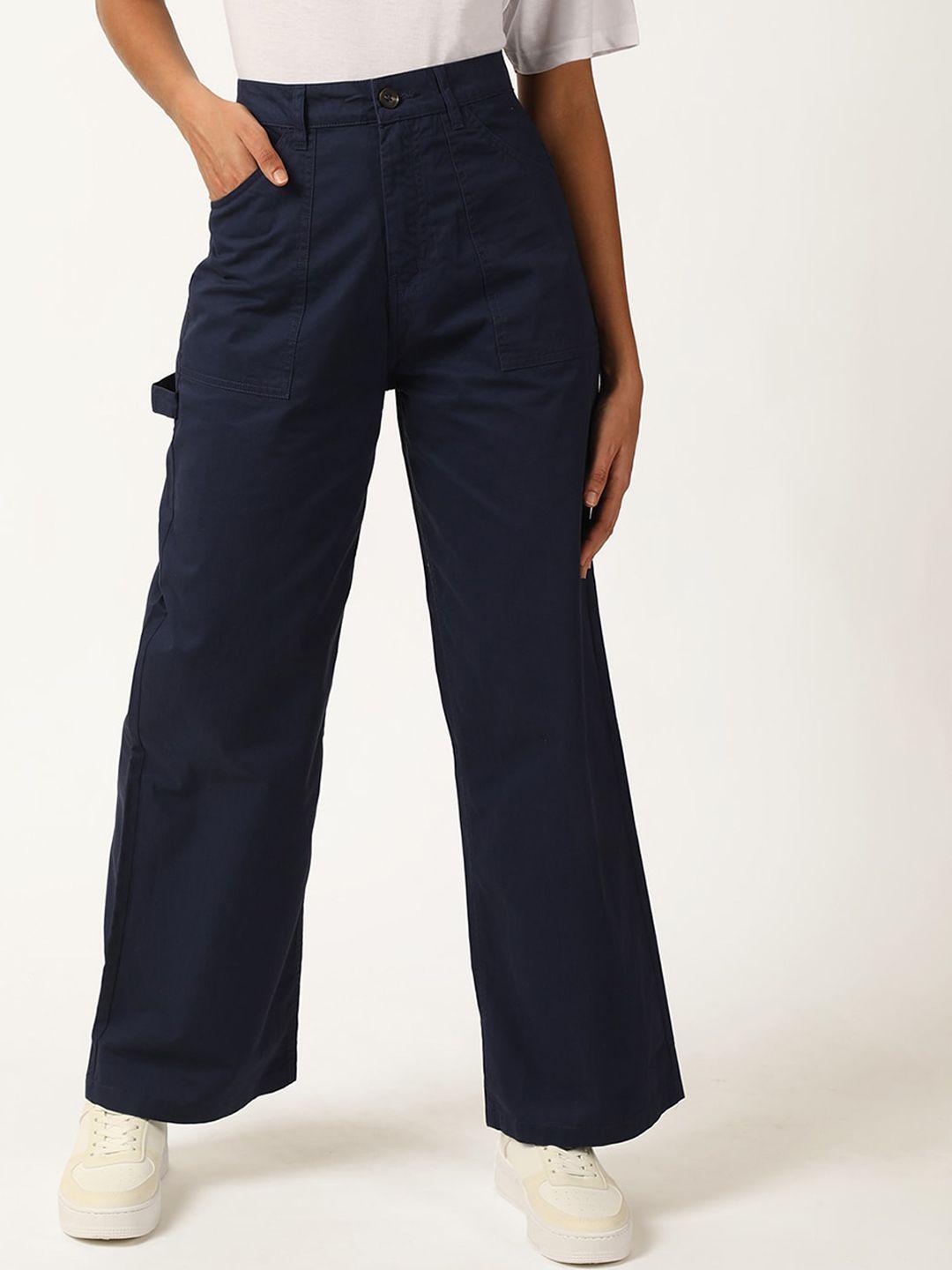 forever 21 women navy blue mid rise pure cotton parallel trousers