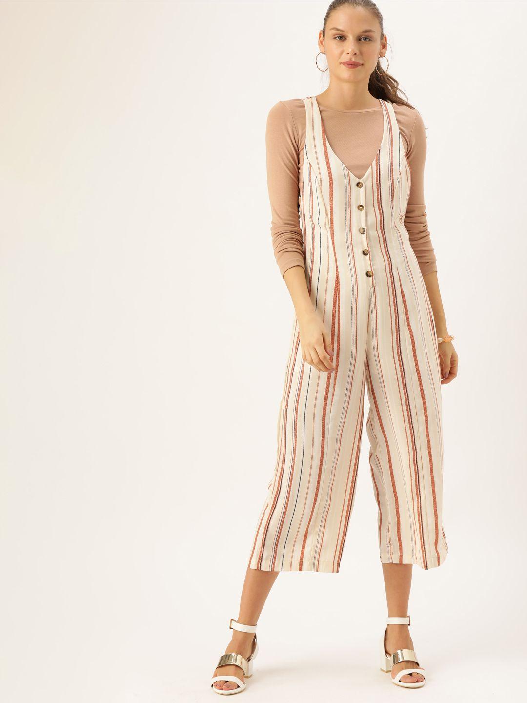 forever 21 women off-white & brown striped basic jumpsuit