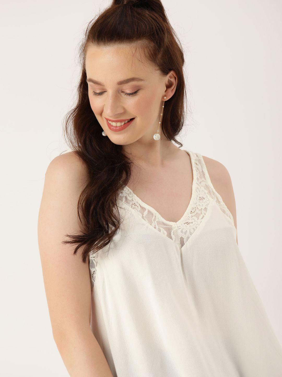 forever 21 women off-white solid a-line top with lace inserts