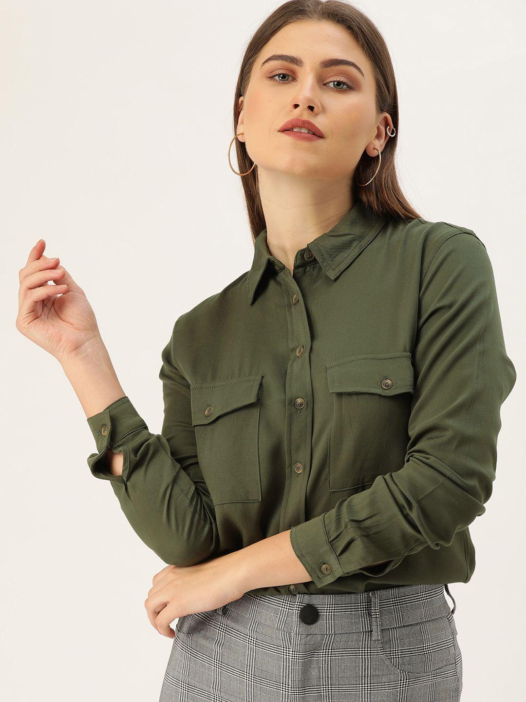 forever 21 women olive green regular fit solid casual shirt