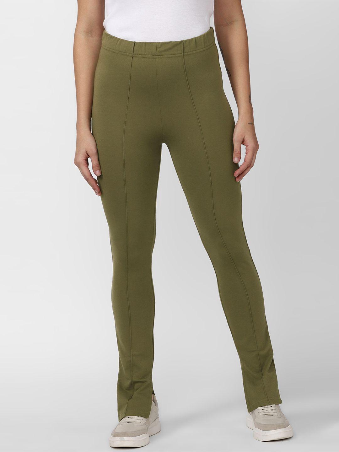 forever 21 women olive green solid high-rise trousers