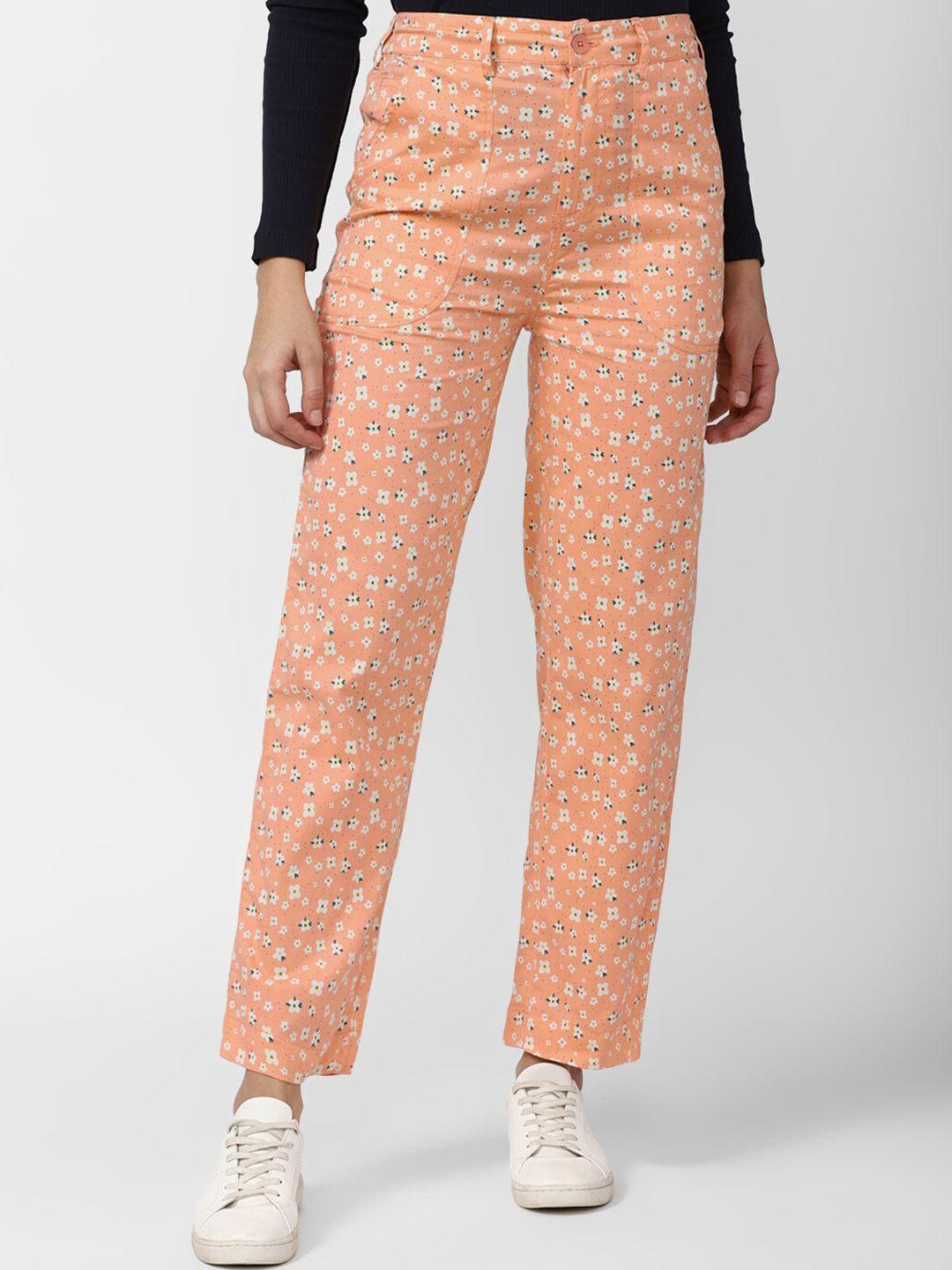 forever 21 women peach-coloured cotton floral printed trousers