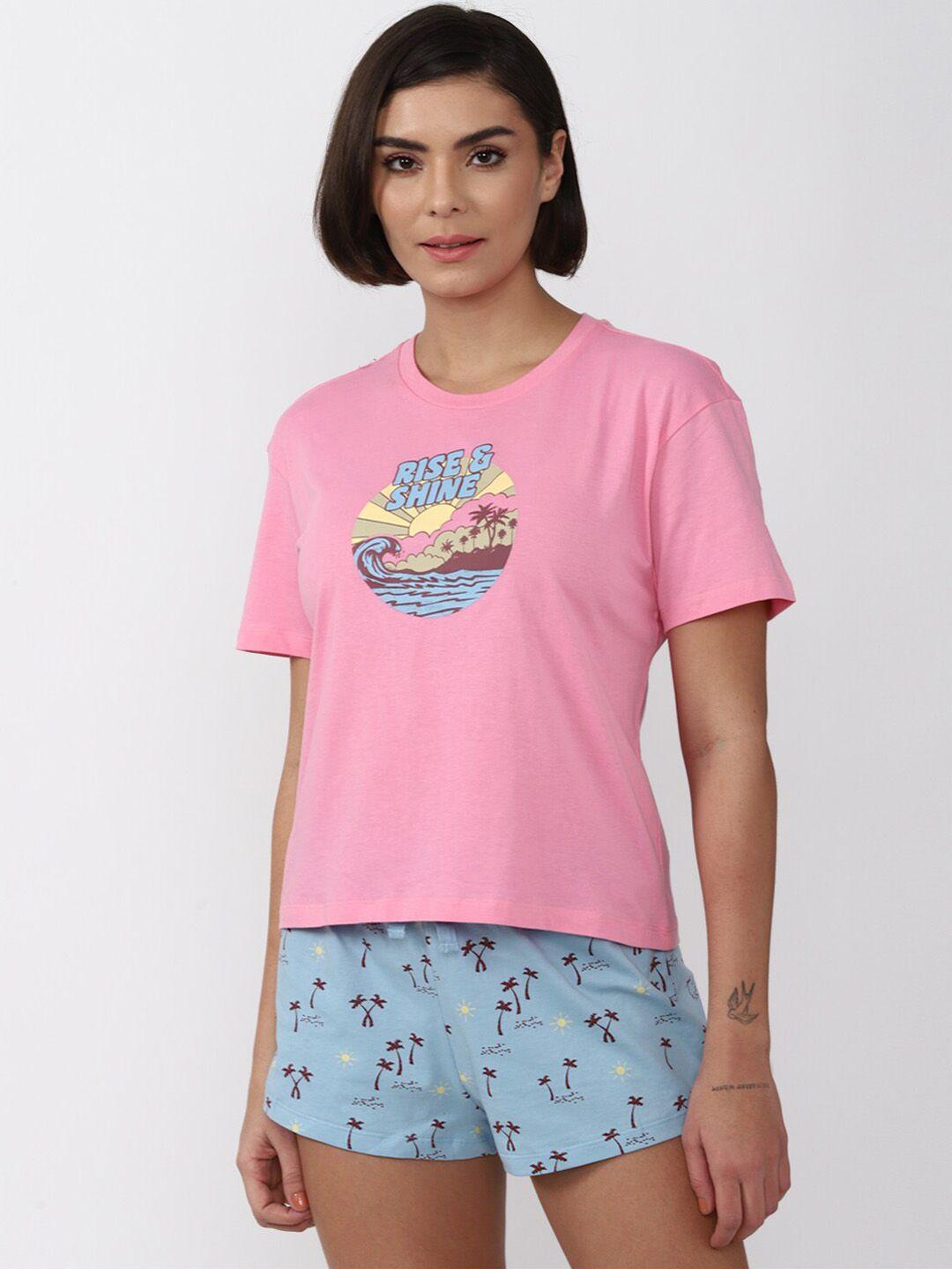 forever 21 women pink & blue printed pure cotton sleepsuit