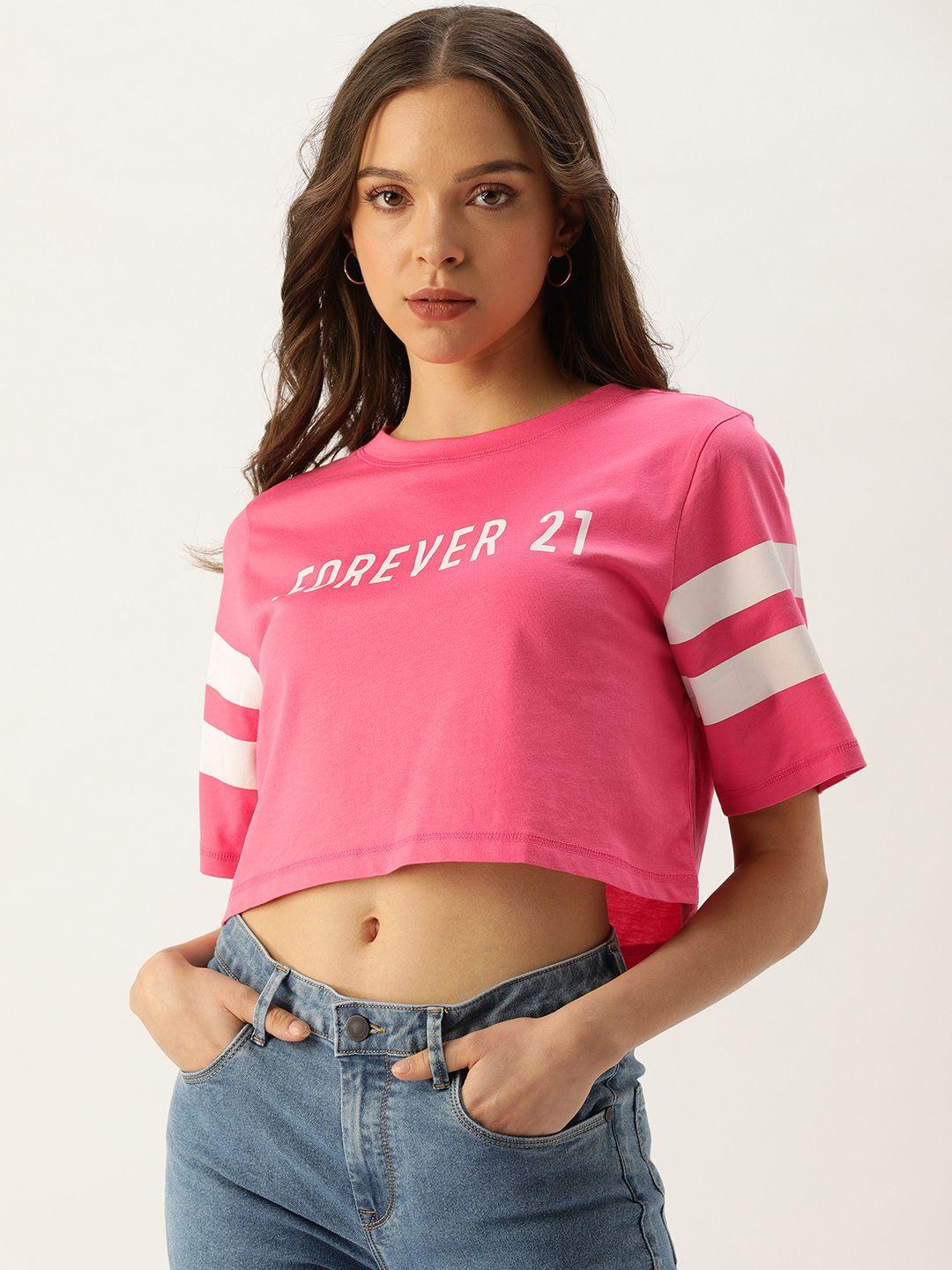 forever 21 women pink & white brand logo printed pure cotton round neck crop top