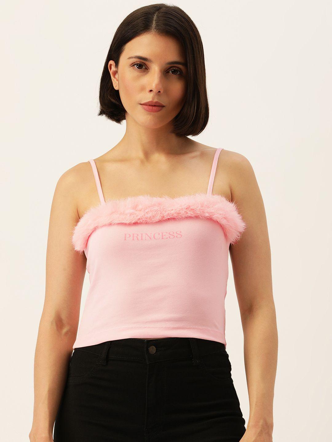 forever 21 women pink solid sleeveless top with fur detail