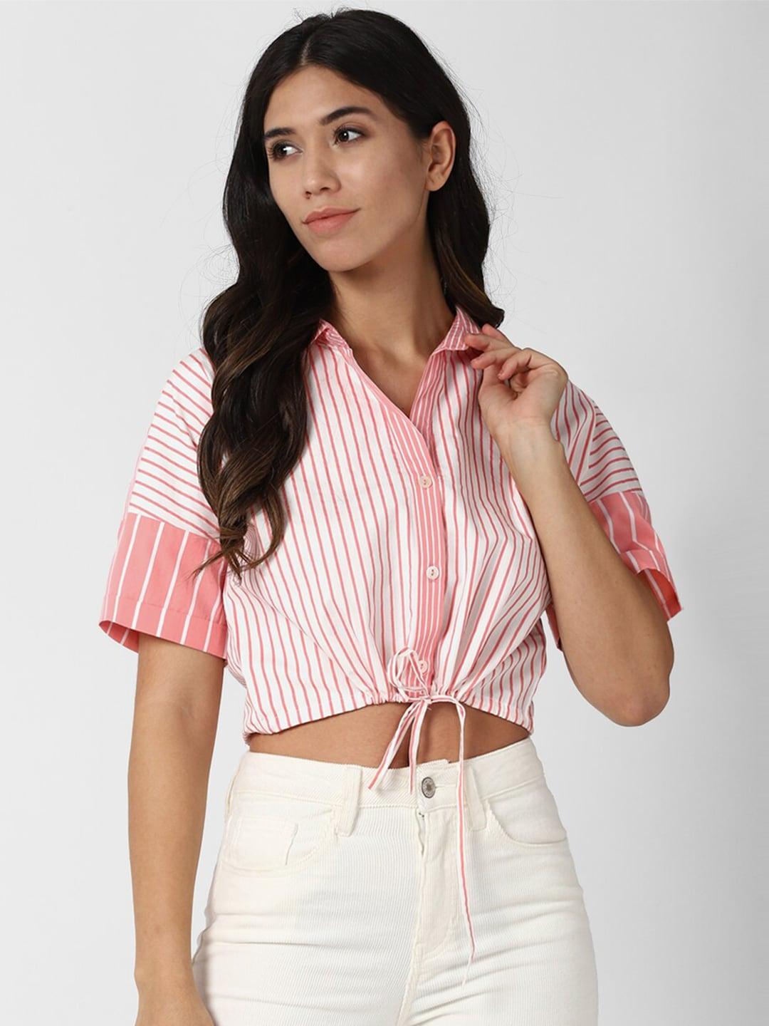 forever 21 women pink vertical striped shirt collar short sleeve  crop top