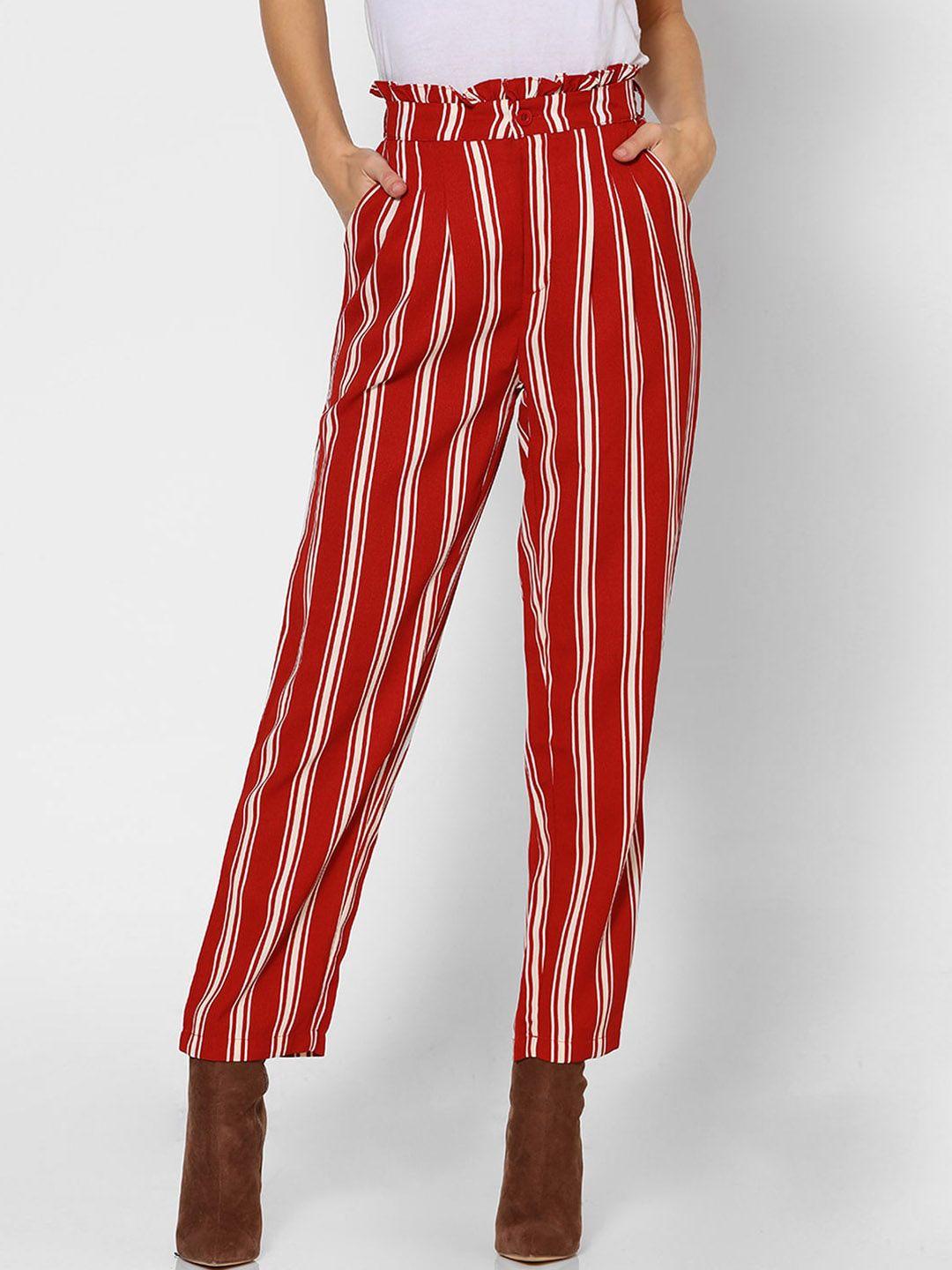 forever 21 women red & white regular fit striped regular trousers