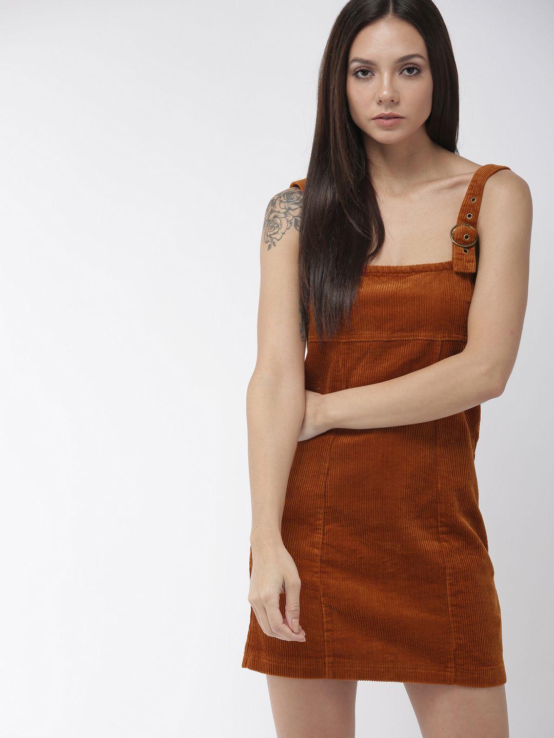 forever 21 women solid brown corduroy pinafore dress