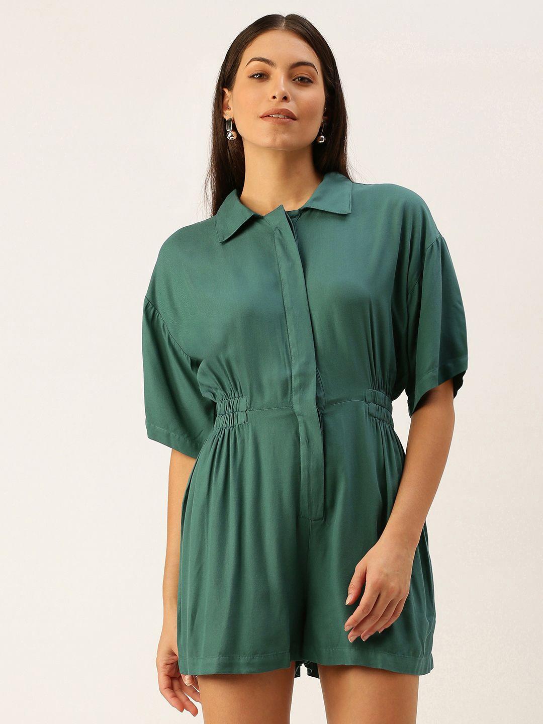 forever 21 women teal green solid shirt-collar playsuit