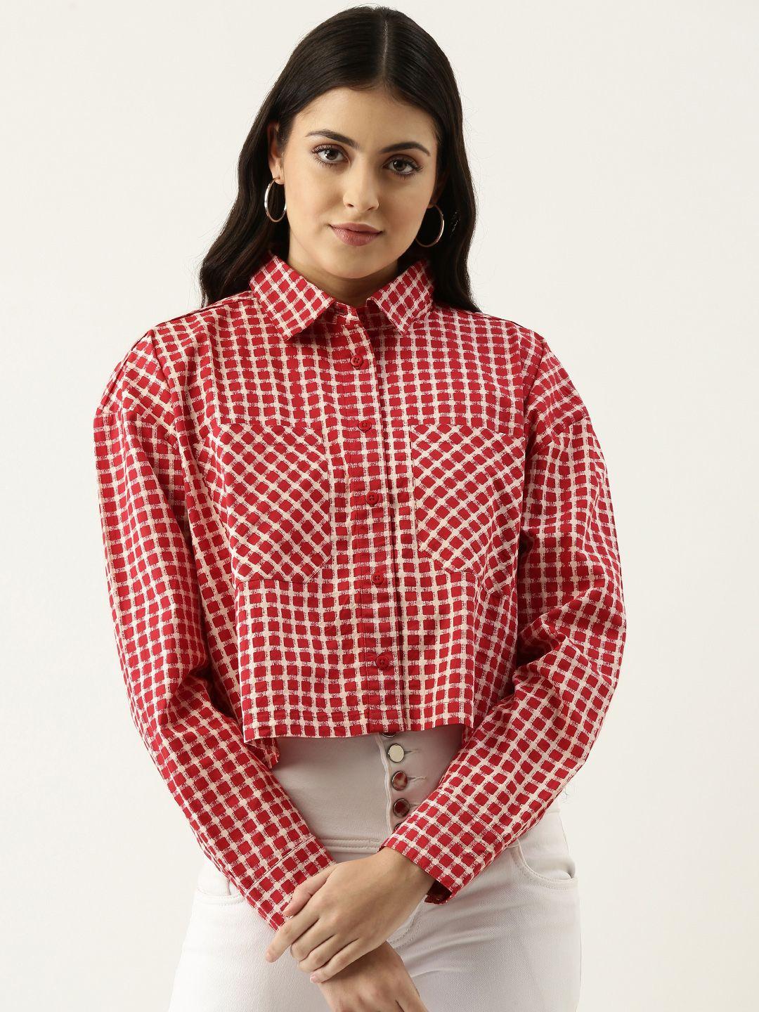 forever 21 women white & red  printed pure cotton cropped casual shirt