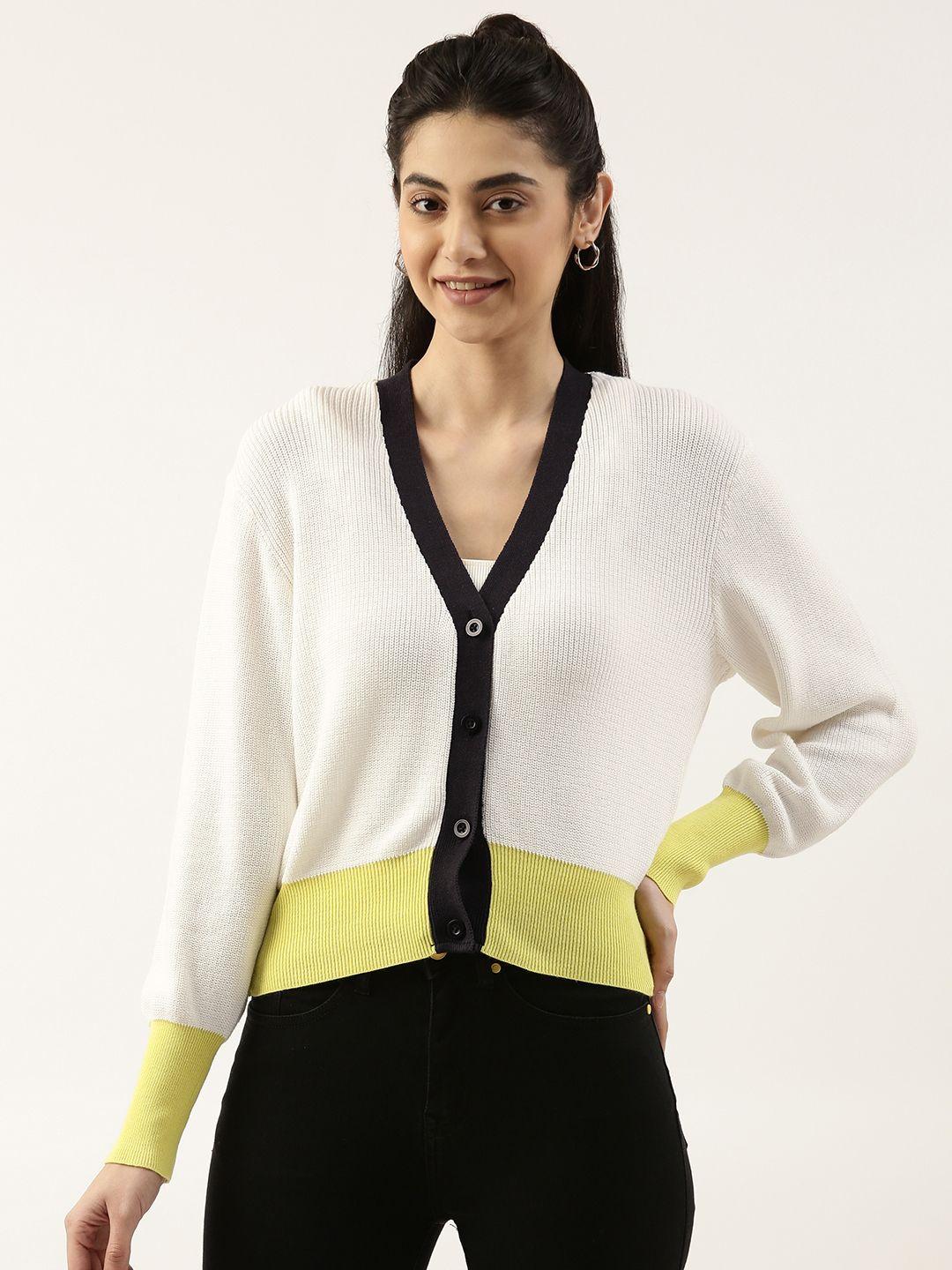 forever 21 women white & yellow colourblocked pure cotton cardigan