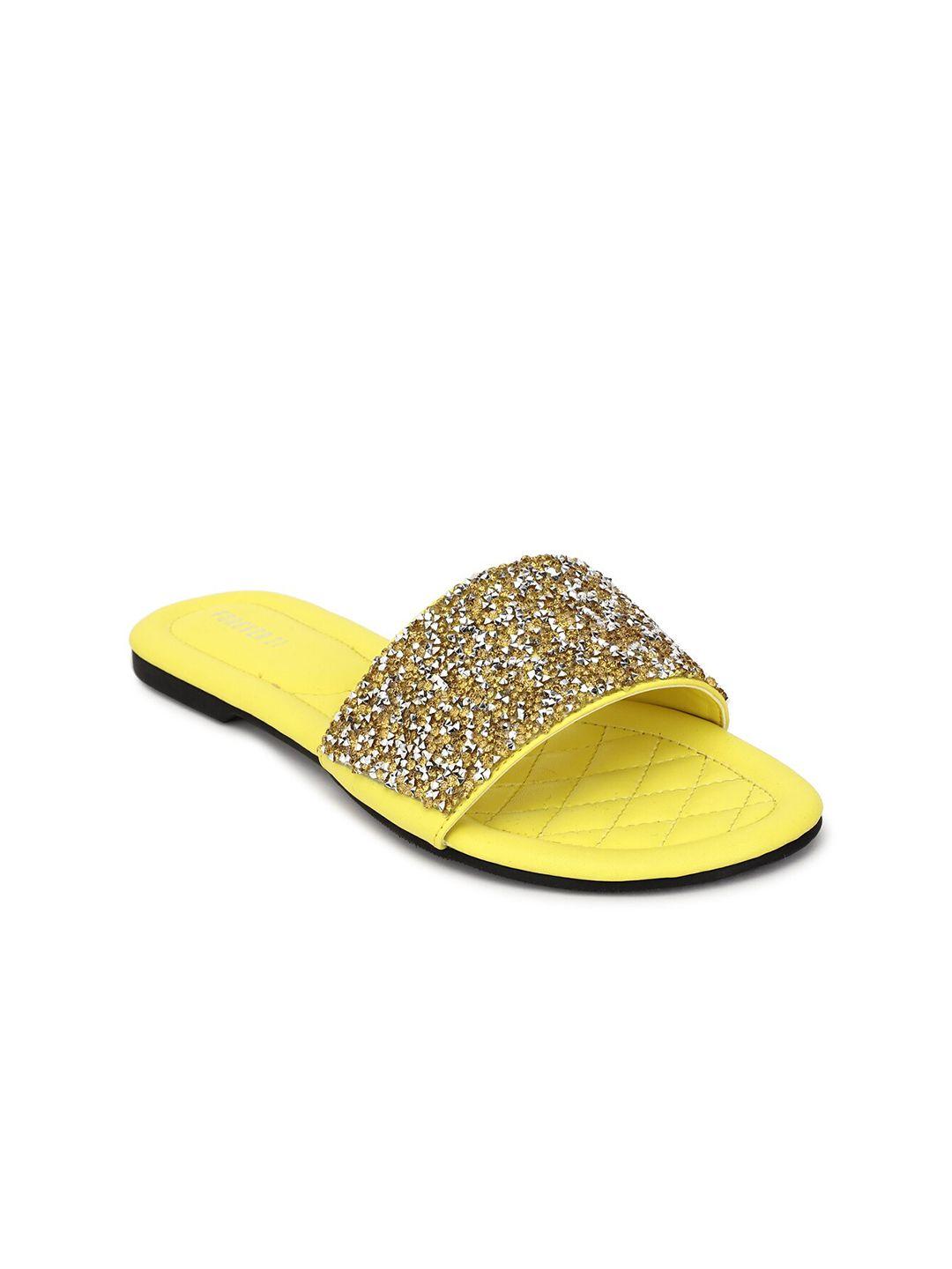 forever 21 women yellow embellished leather party open toe flats