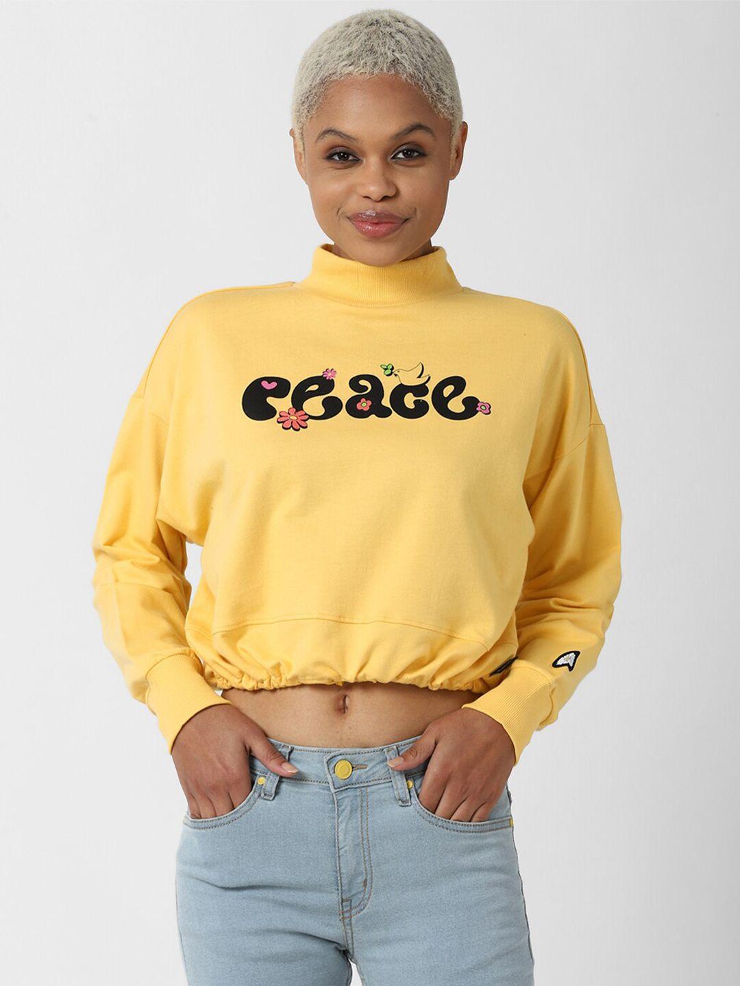 forever 21 women yellow printed pure cotton cropped sweatshirt