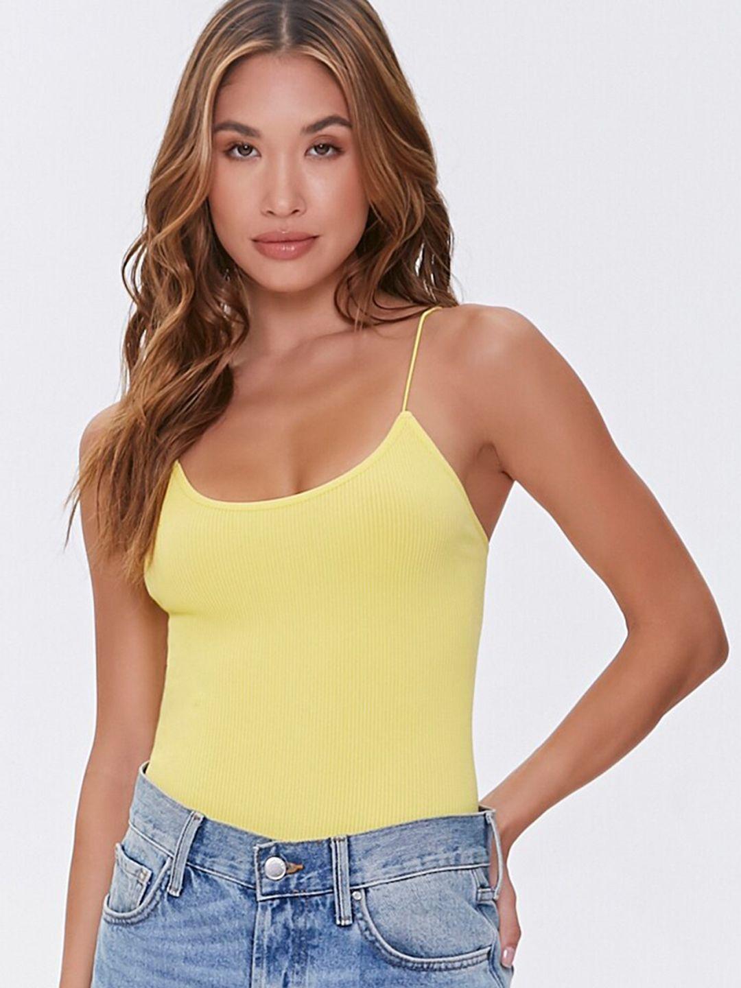 forever 21 women yellow solid seamless ribbed bodysuit