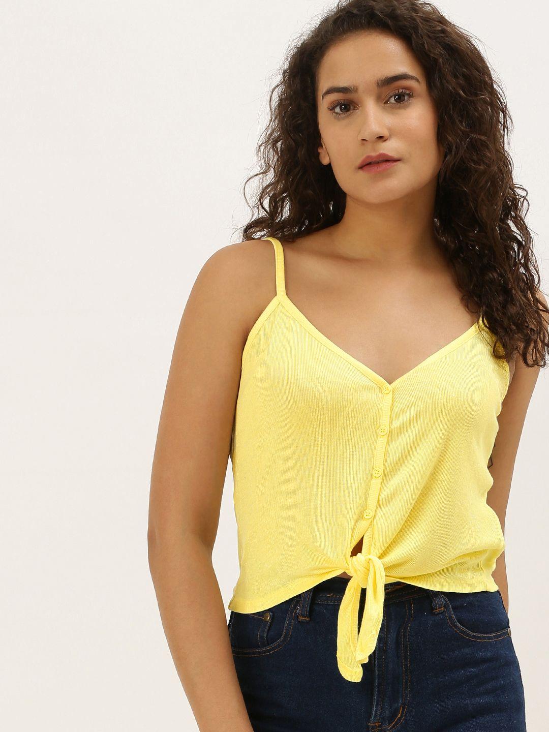 forever 21 women yellow solid top with tie-ups