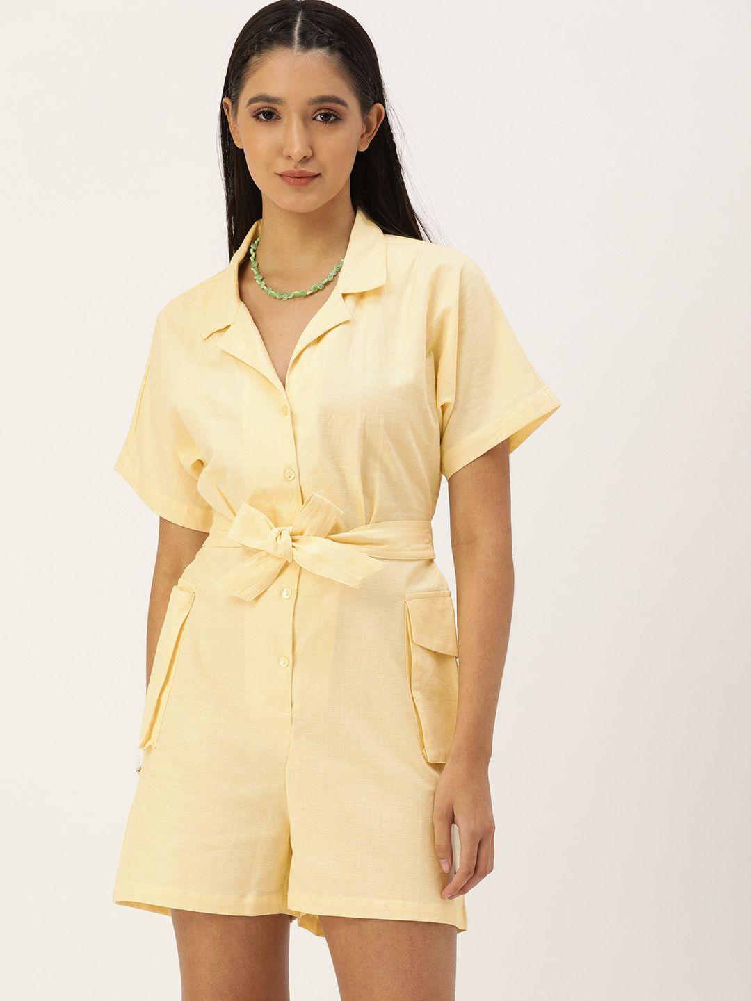 forever 21 yellow waist tie-up notched lapel styled back playsuit