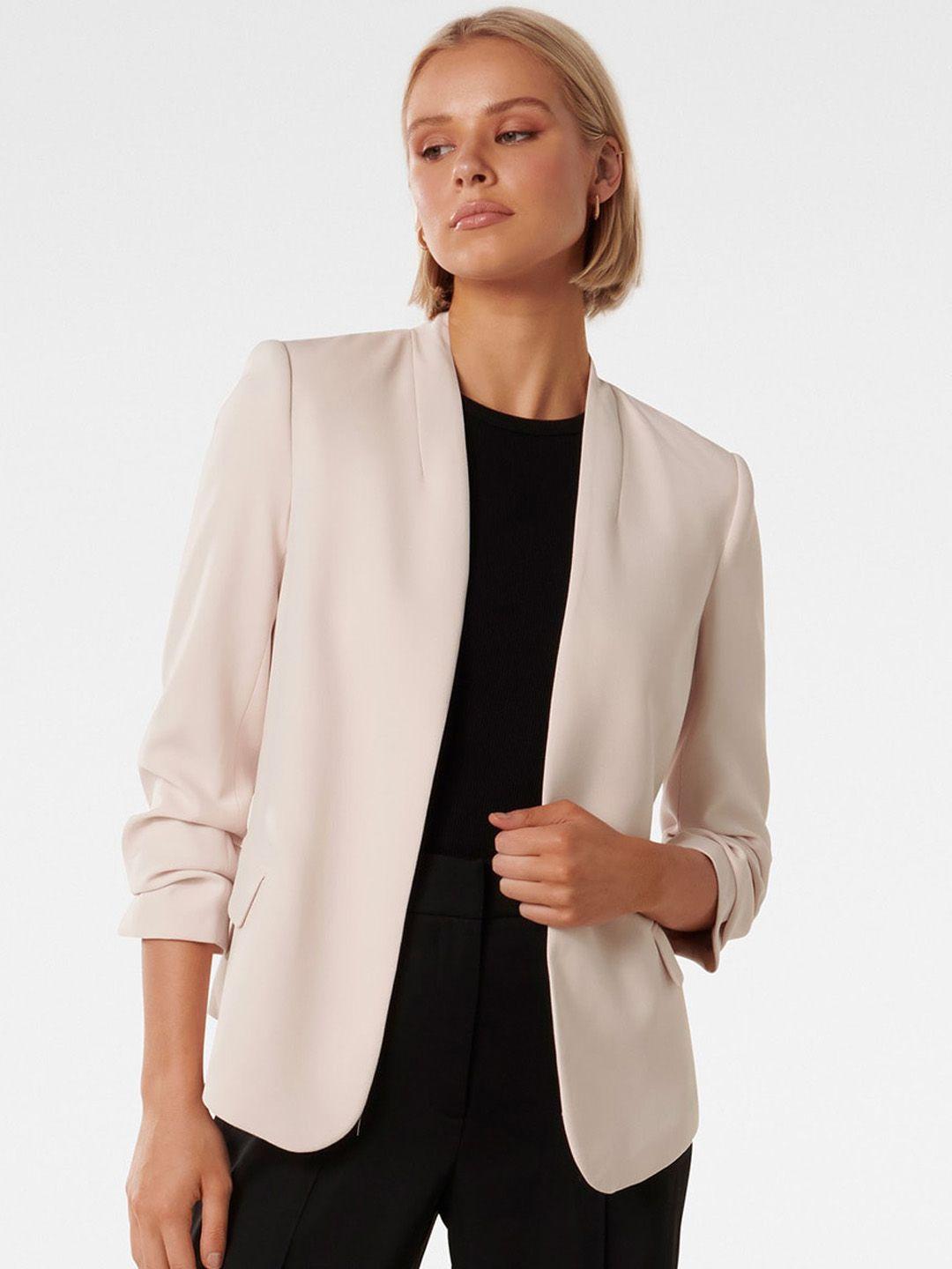 forever collarless shoulder tabs open front jacket