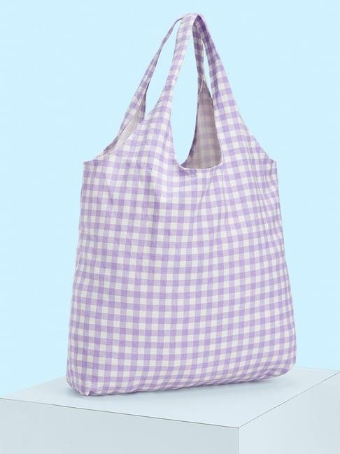 forever glam by pantaloons lilac checks medium tote bag