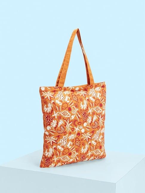 forever glam by pantaloons orange printed medium tote bag