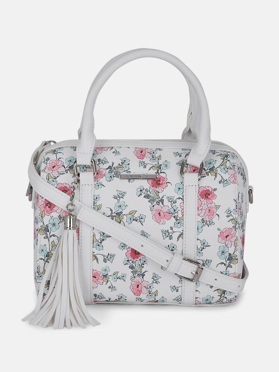 forever glam by pantaloons white floral printed structured handheld bag with tasselled