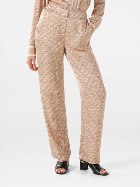 forever new beige & white viscose printed regular fit high rise pants