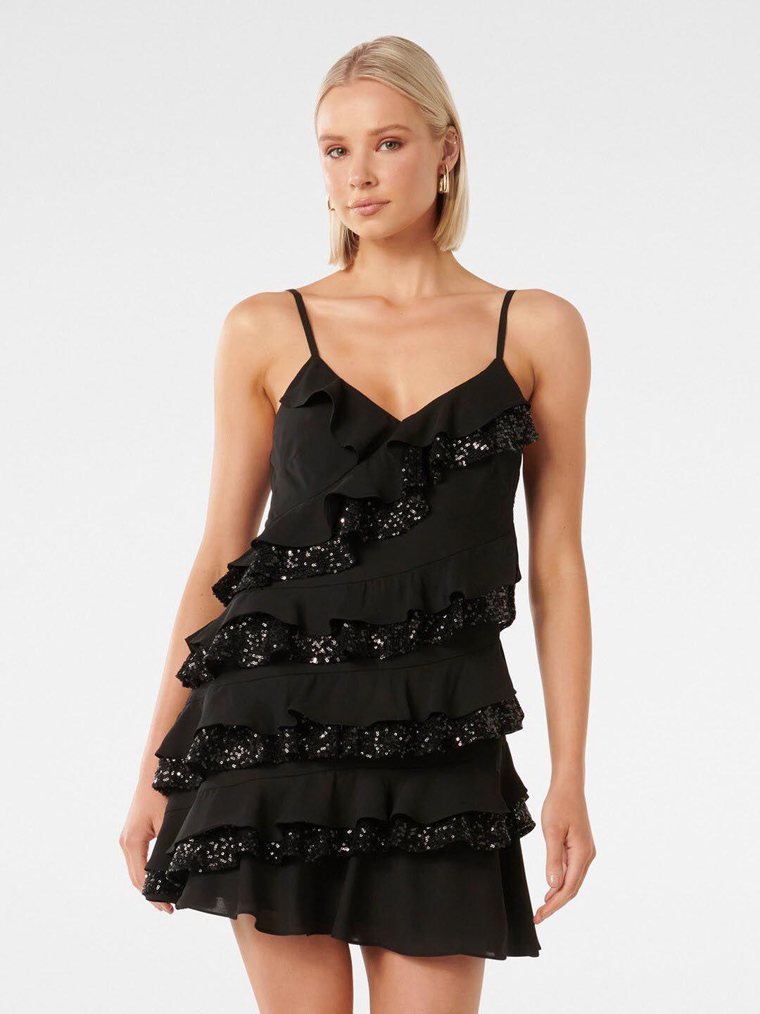 forever new black embellished fit & flare mini dress