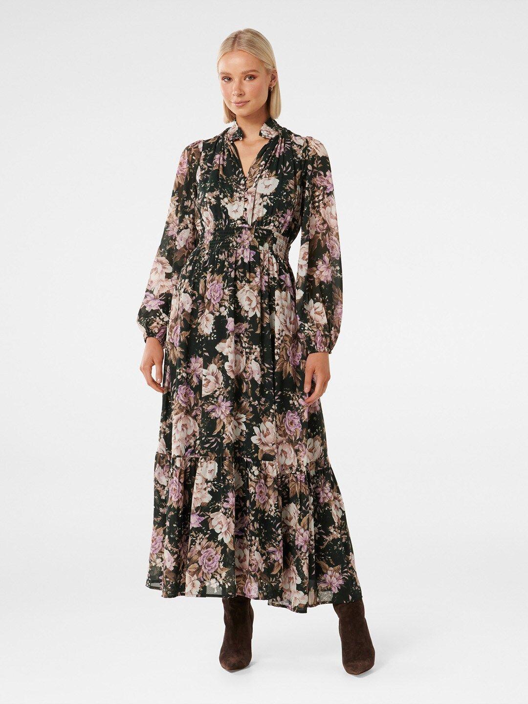 forever new black floral print fit & flare midi dress