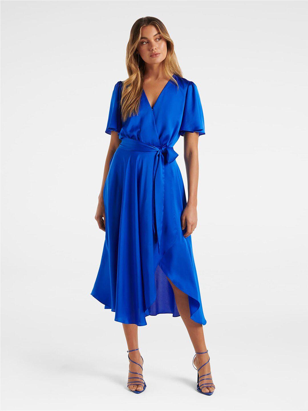 forever new blue solid satin midi dress