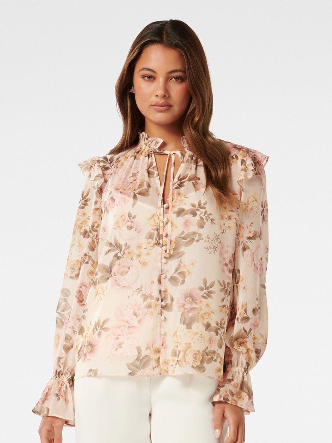forever new floral print tie-up neck bell sleeve top