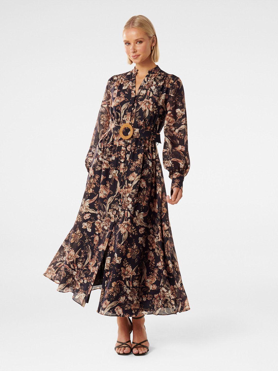 forever new floral printed fit & flare midi dress with a belt