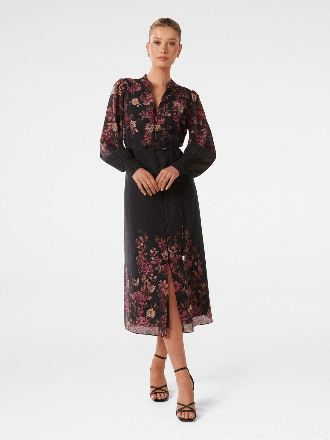 forever new floral printed mandarin collar bishop sleeves belted a-line midi dress